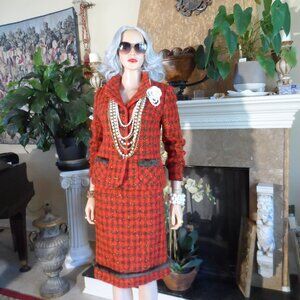 Round Tower Vintage Red Multi Wool Tweed Skirt Suit w/Fringe Detail SIze S